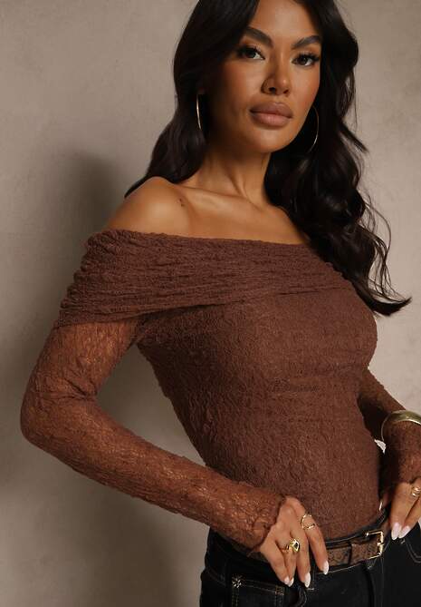 Brązowa Bluzka Longsleeve z Koronki z Odkrytymi Ramionami Unarda