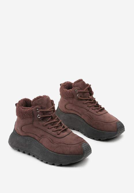 Brązowe Sneakersy Śniegowce Vices na Platformie Ozdobione Napisem i Futerkiem Lanite