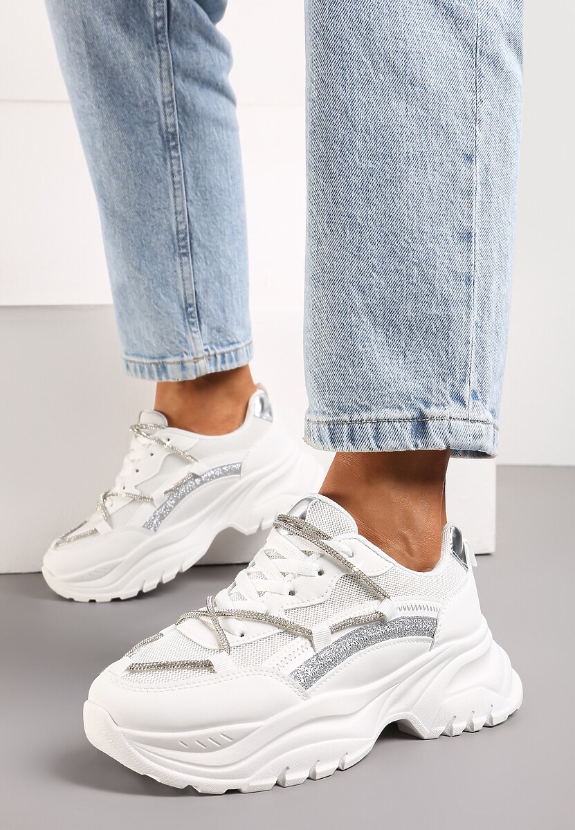 Białe Sneakersy na Grubej Podeszwie Ozdobione Cyrkoniami i Brokatem Klineria