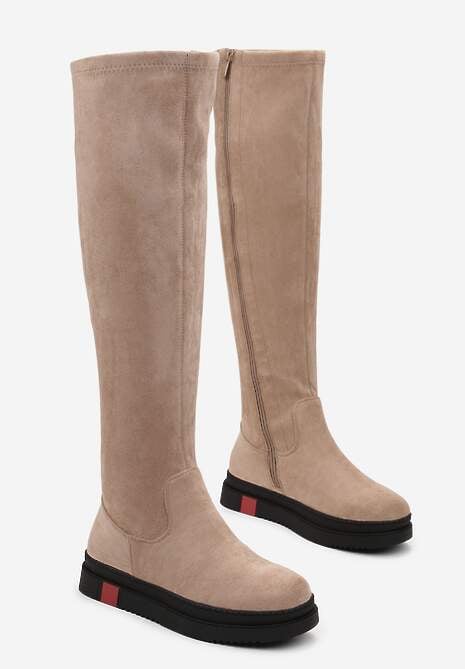 Ciemnobeżowe Kozaki na Niskiej Platformie za Kolano Zahrias