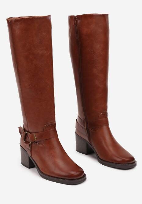 Brązowe Kozaki na Obcasie w Stylu Bikerów z Okrągłą Klamrą Eziella