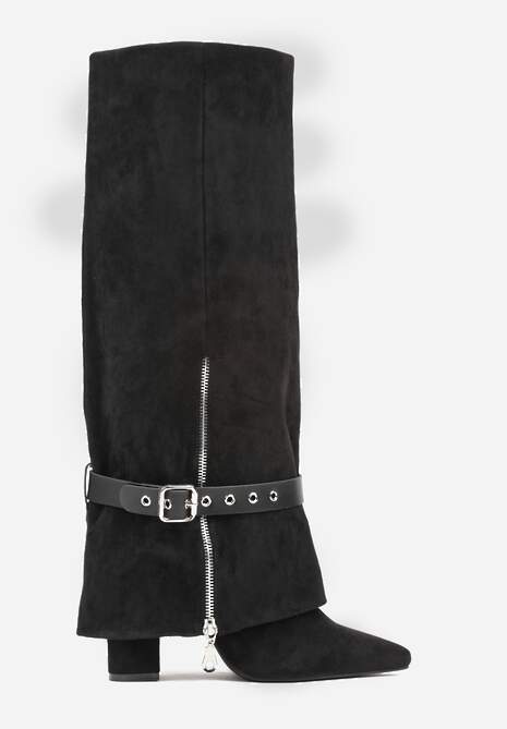 Czarne Kozaki Kowbojki na Słupku Ozdobione Klamrą i Wywiniętą Cholewką Unalasa