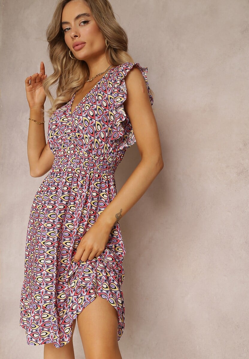 Fioletowo-Różowa Wiskozowa Sukienka Mini z Gumkami w Pasie w Kwiatki Reeves