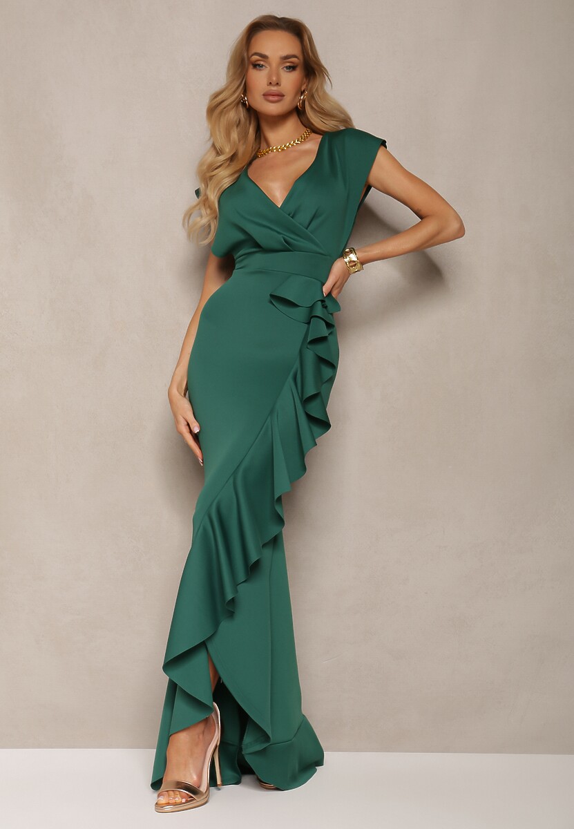 Zielona Elegancka Sukienka Długa o Asymetrycznym Fasonie z Dekoltem w V i Falbaną Efimea