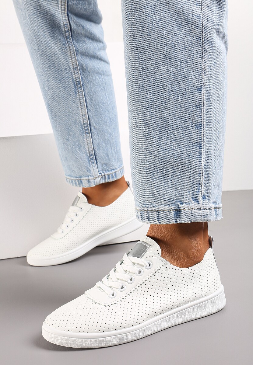 Biało-Srebrne Tenisówki przed Kostkę z Perforacją Rineli