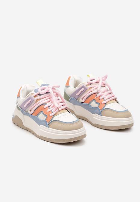 Beżowo-Różowe Sznurowane Sneakersy na Płaskiej Podeszwie Eviline