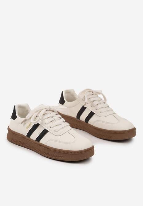 Beżowo-Czarne Sneakersy Sportowe z Ozdobnymi Paskami i Przeszyciami Wenilan