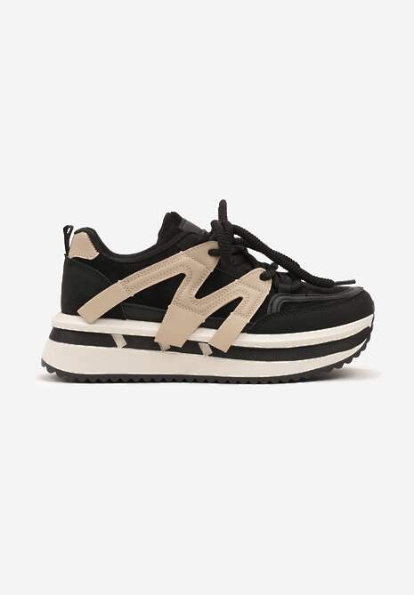 Czarno-Beżowe Sneakersy na Platformie z Geometrycznym Wzorem i Sznurowaniem Fiorinnia