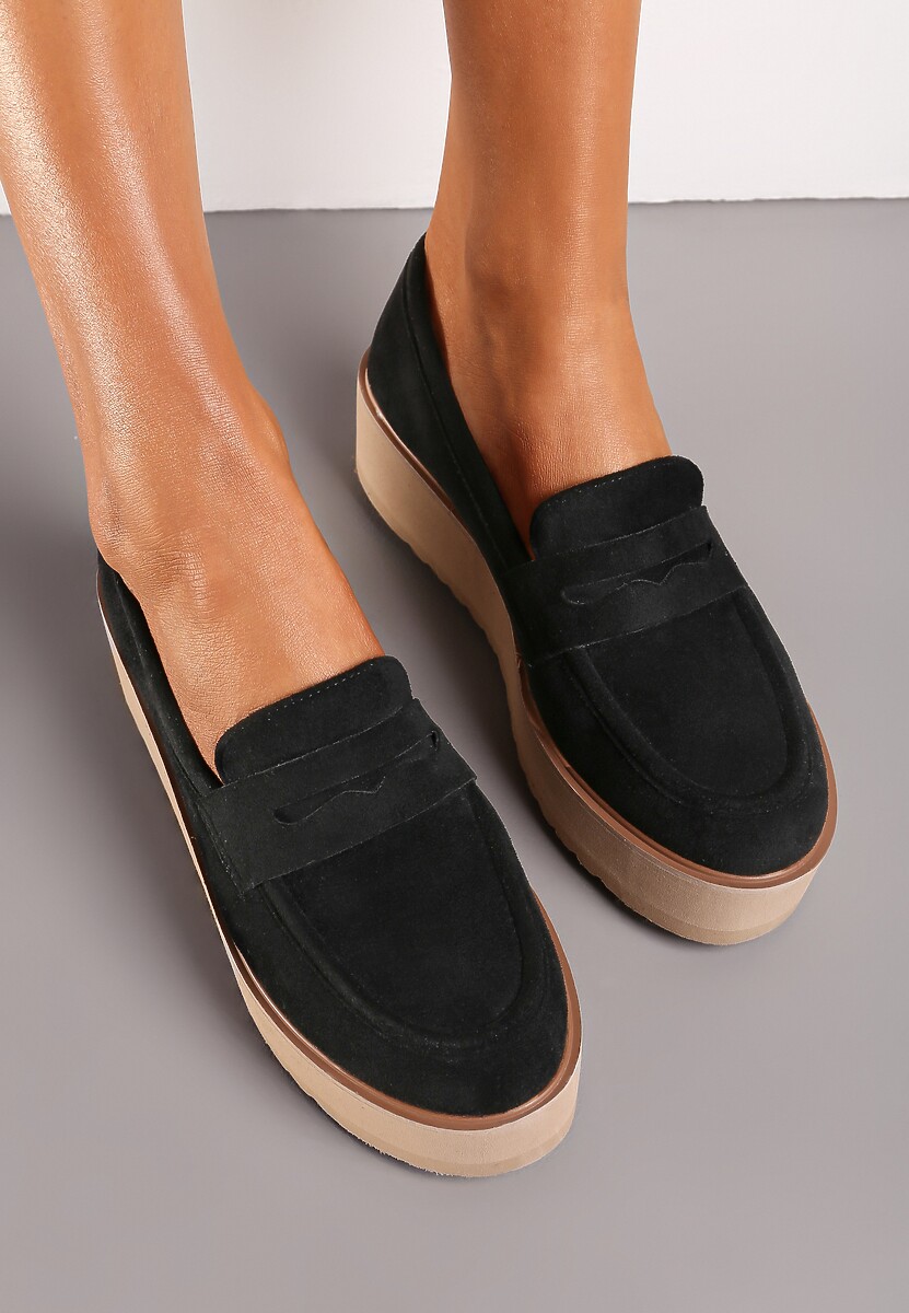 Czarne Półbuty w Stylu Mokasynów z Imitacji Zamszu na Platformie Vhisper