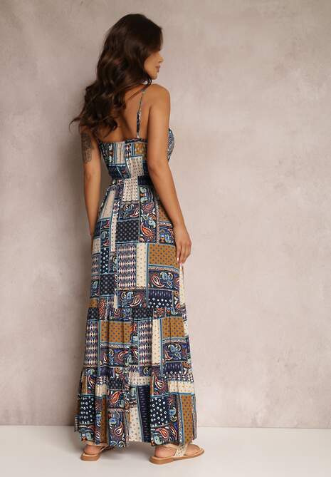 Granatowa Wiskozowa Sukienka o Kopertowym Kroju w Print Patchwork Grehan