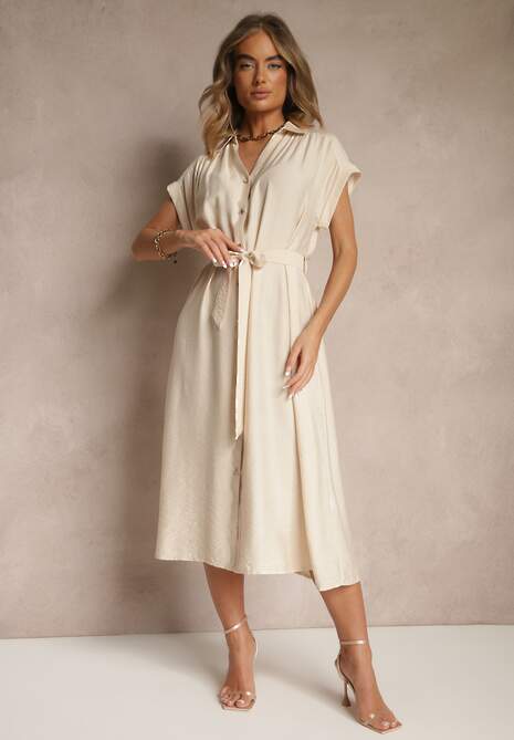 Beżowa Koszulowa Sukienka z Wiskozy Ozdobiona Paskiem Rinalitia