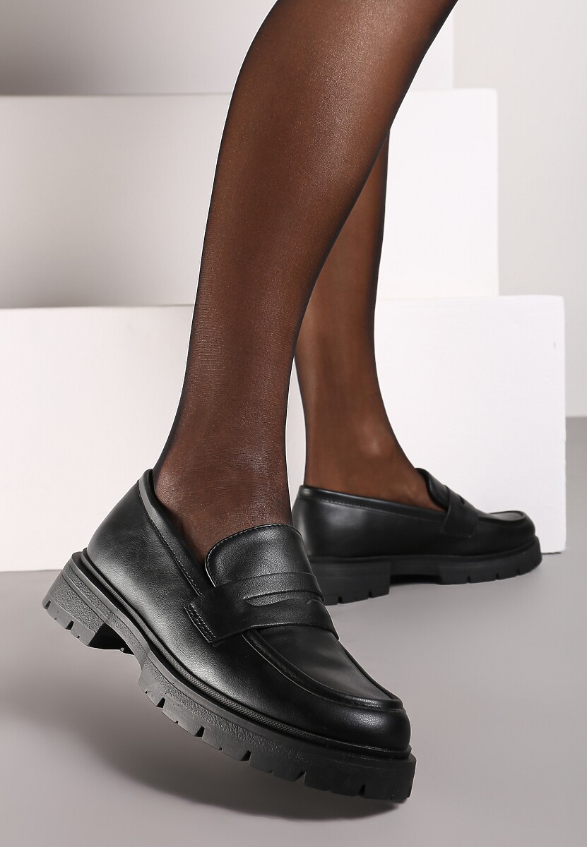 Czarne Mokasyny na Platformie Ozdobione Paskiem Ilabine