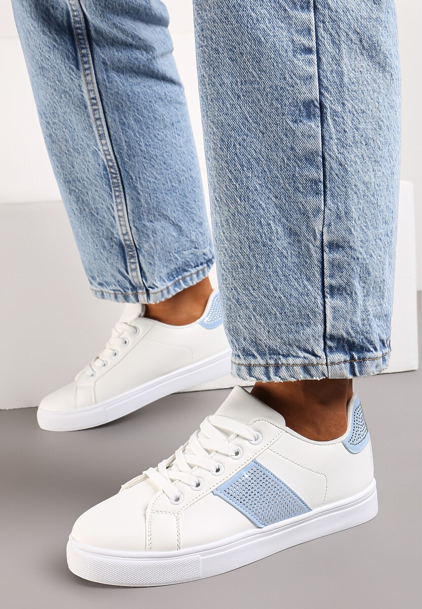 Biało-Niebieskie Sneakersy ze Wstawkami Pokrytymi Cyrkoniami Almarie