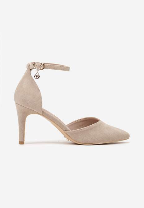 Ciemnobeżowe Szpilki Vices z Wkładką ze Skóry Naturalnej i Ozdobnym Paskiem Korori