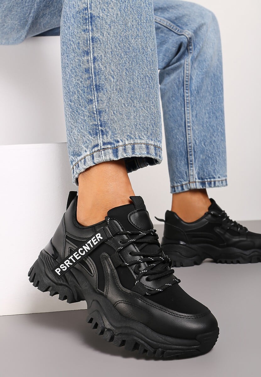 Czarne Sneakersy na Grubej Podeszwie z Dekoracyjną Taśmą Ilkins