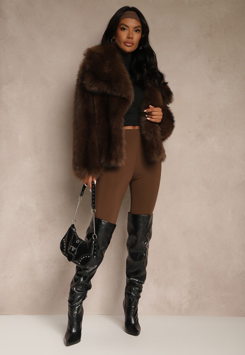 Brązowa Kurtka Futerko o Kroju Oversize z Ozdobnym Kołnierzem Monella