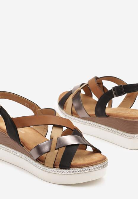 Czarne Przeplatane Sandały na Koturnie z Plecionym Zdobieniem Zialenna