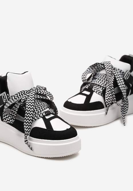 Czarno-Białe Sneakersy Na Niskiej Platformie z Szerokimi Sznurówkami we Wzorek Vidira