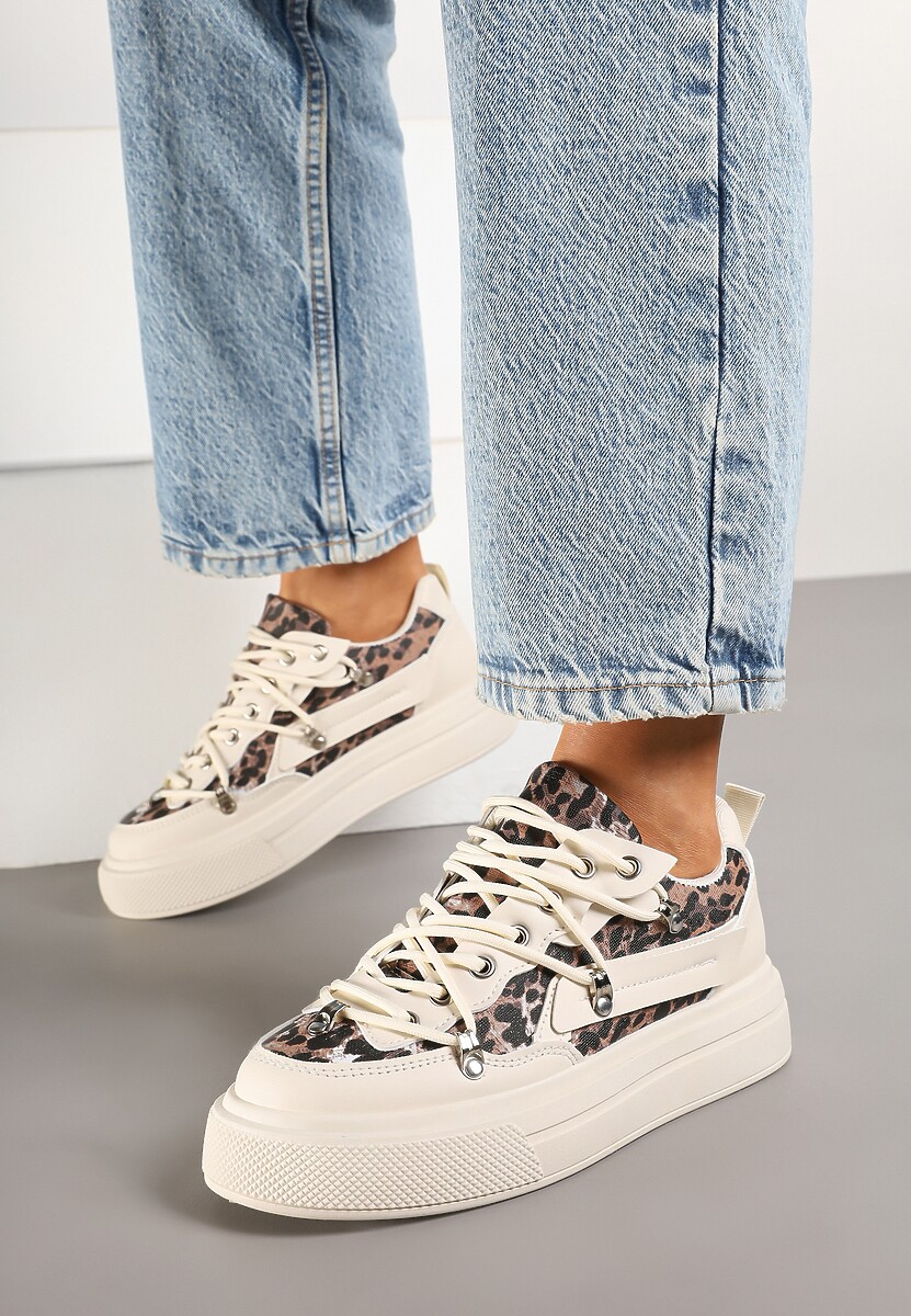 Beżowe Sneakersy ze Wzorem w Panterkę Doridi