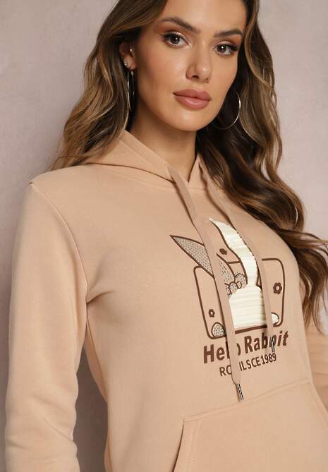 Beżowa Bluza z Kapturem i Ozdobnym Nadrukiem Kliorre
