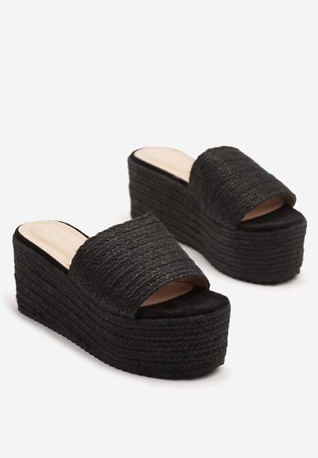 Czarne Plecione Klapki na Platformie z Szerokim Paskiem Peonnit
