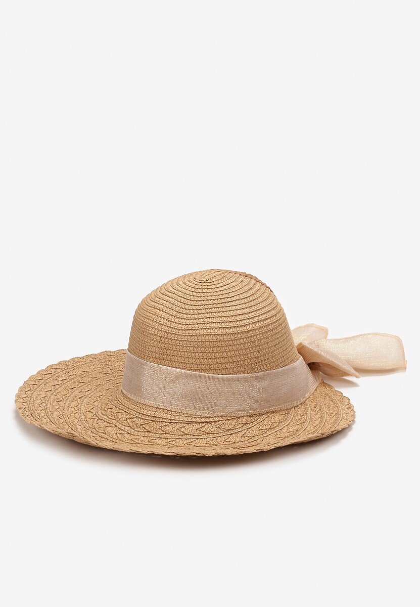 Jasnobeżowy Szeroki Kapelusz Pleciony z Kokardą i Wycięciem Flarea