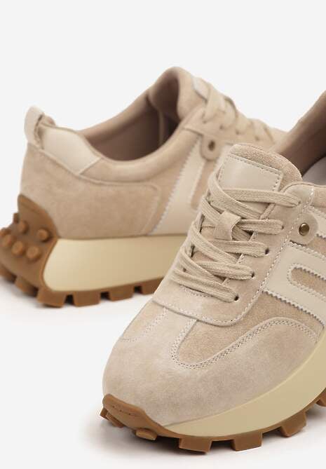 Beżowe Sneakersy ze Skóry Naturalnej Ozdobione Geometrycznym Wzorem Melassea