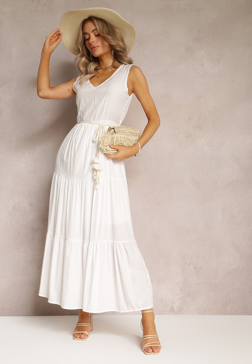 Biała Sukienka Maxi o Rozkloszowanym Fasonie z Ozdobnym Sznurkiem i Trójkątnym Dekoltem Zornitsa