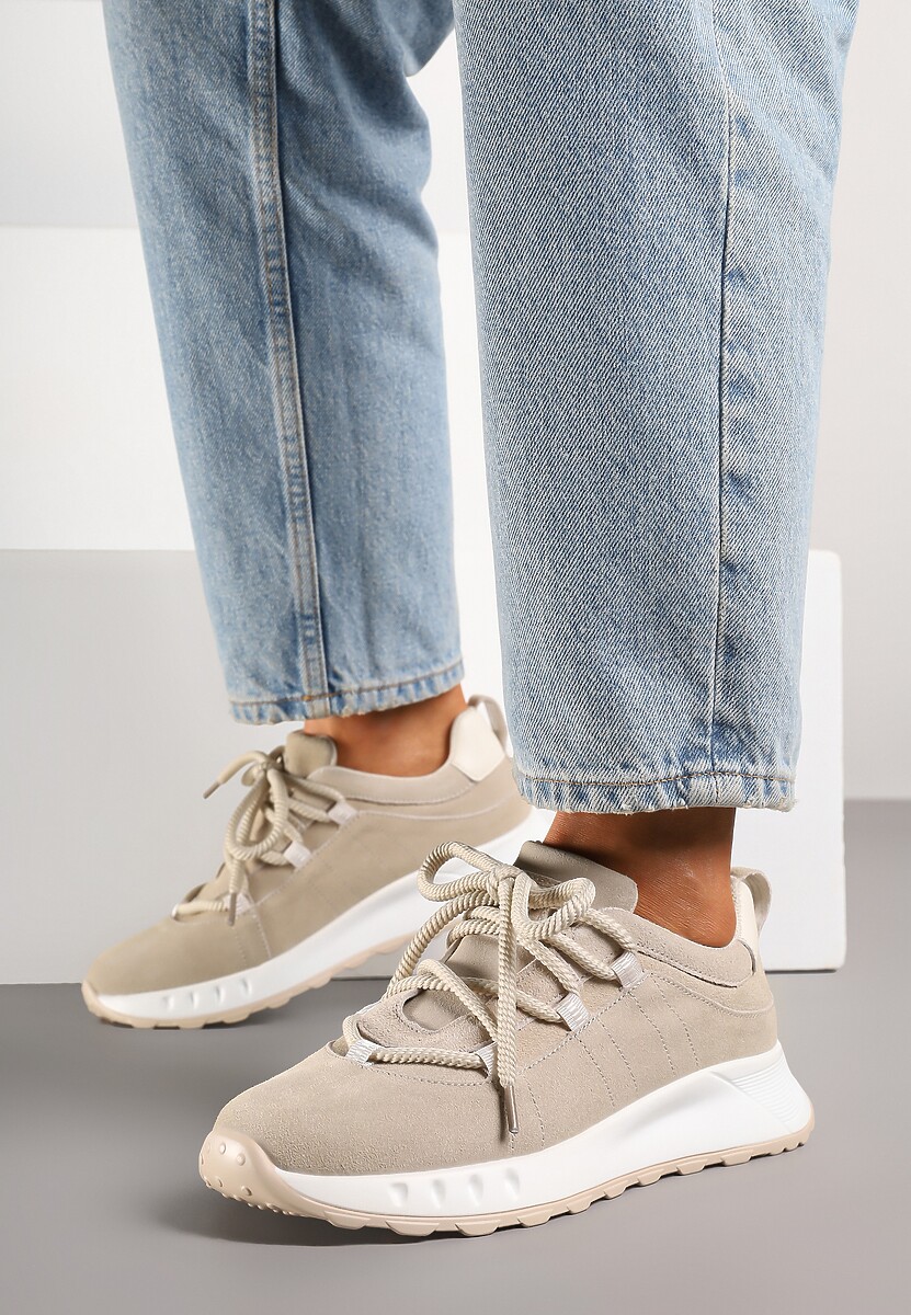 Beżowe Zamszowe Sneakersy z Wkładką ze Skóry Naturalnej Dolavienne