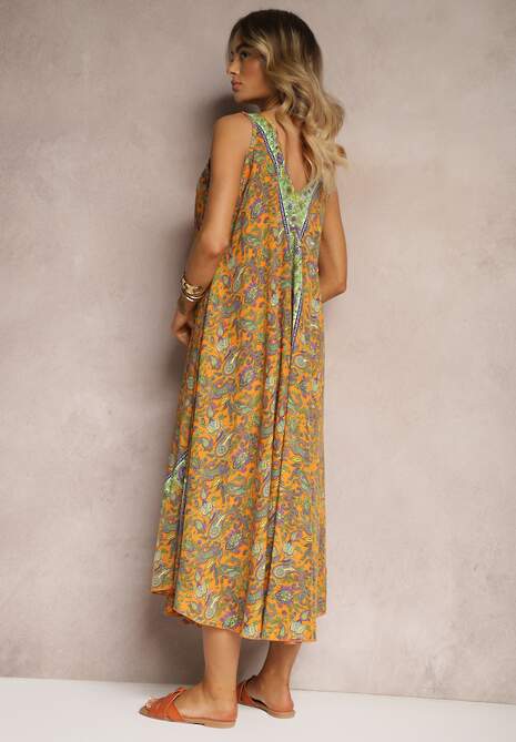 Żółta Sukienka z Wiskozy o Rozkloszowanym Kroju Bez Rękawów Fradea