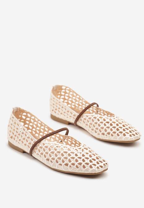 Beżowe Szydełkowe Balerinki w Stylu Boho z Paskiem Vomea