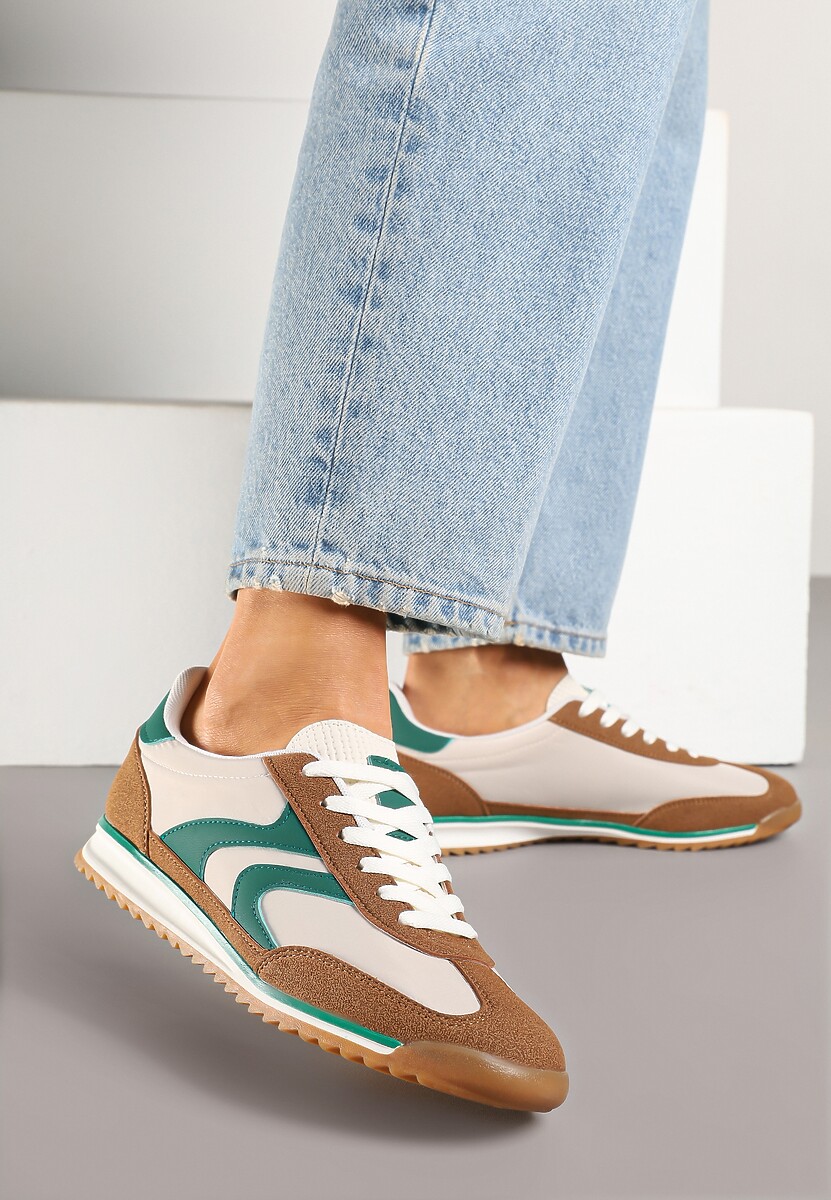 Brązowo-Zielone Sneakersy Tenisówki z Przeszyciami Julioria