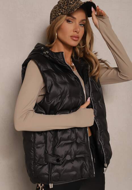 Czarna Pikowana Kamizelka z Kapturem i Ściągaczami Annialia