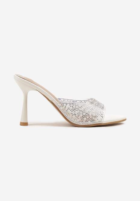 Białe Przezroczyste Klapki na Szpilce z Cyrkoniami Nelfia