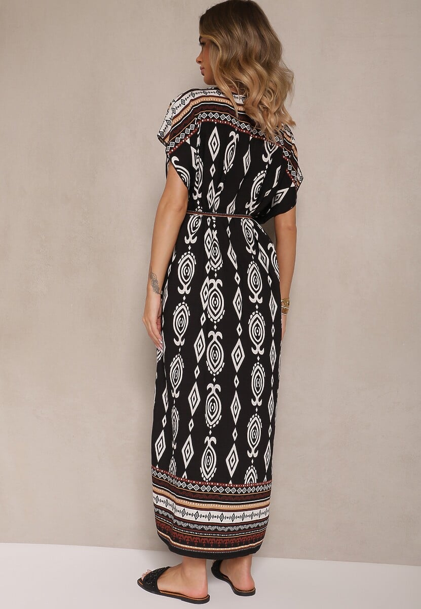 Czarna Wiskozowa Sukienka o Pudełkowym Kroju w Etniczny Print Miriliana
