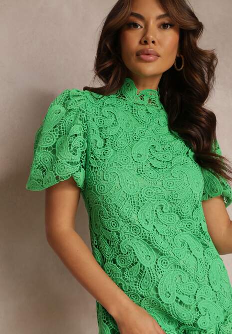 Zielona Sukienka z Koronkowym Haftem Paisley i Bufiastymi Rękawami Briena