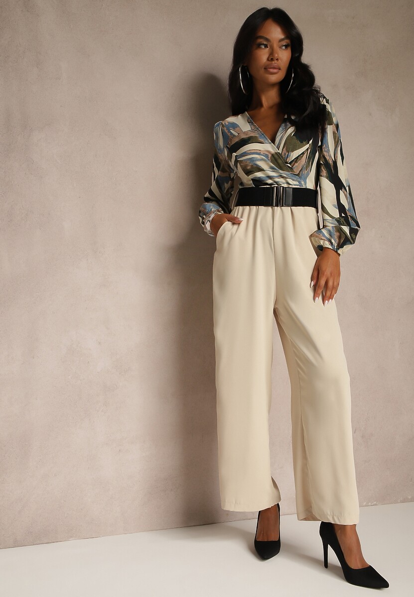 Beżowy Kopertowy Kombinezon z Paskiem i Szerokimi Spodniami Nittama