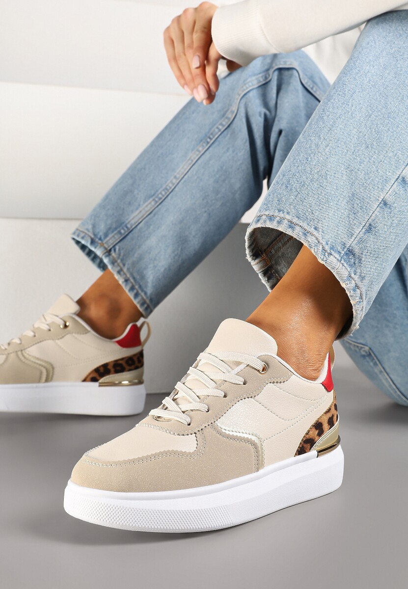 Beżowe Sneakersy z Metalicznymi Aplikacjami Ozdobione Wzorem w Panterkę Terlexia