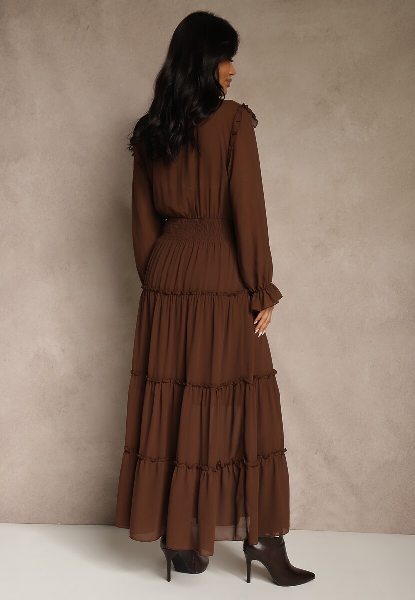Brązowa Sukienka VICES Koszulowa z Falbaną w Rustykalnym Stylu Arivite