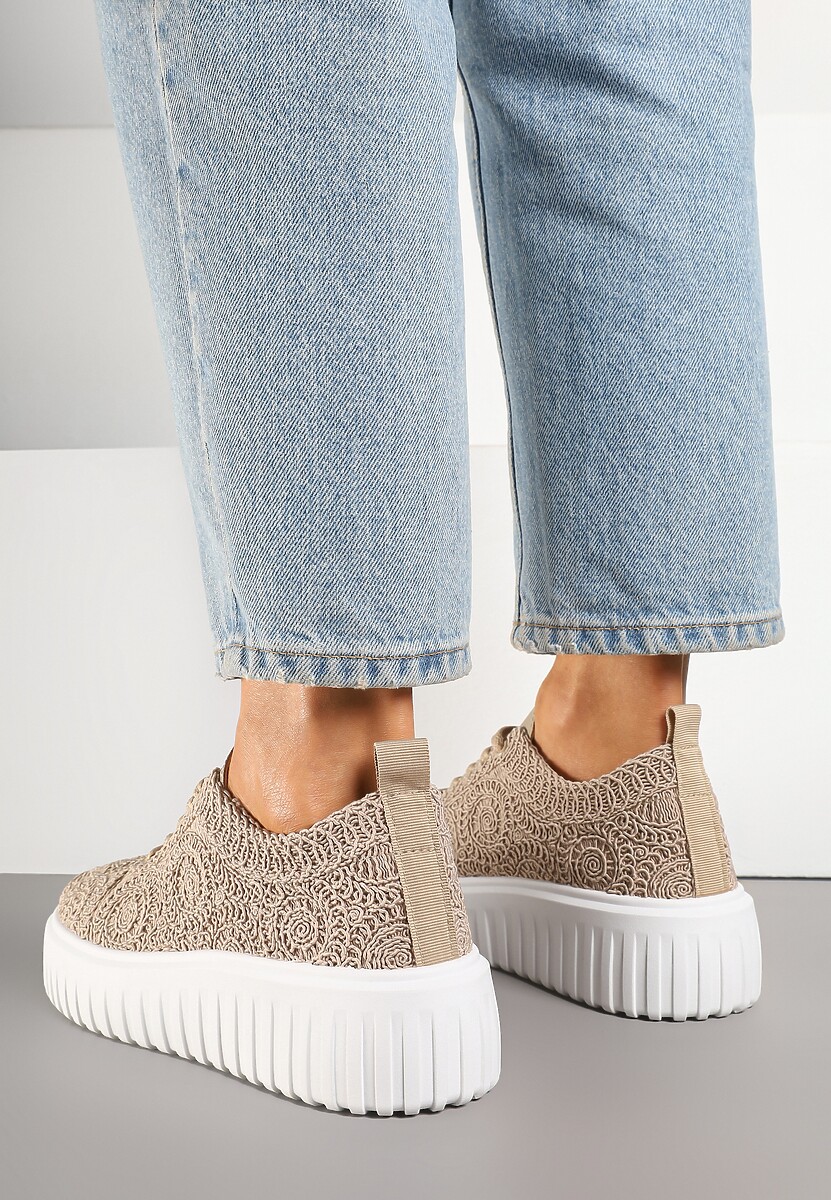 Ciemnobeżowe Ażurowe Sneakersy na Platformie Ellisara