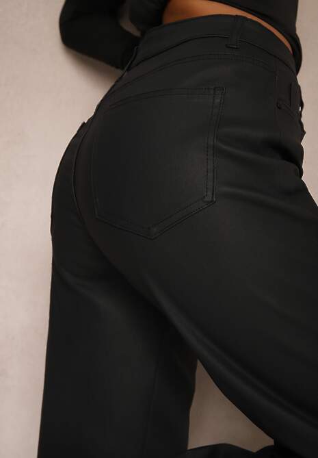 Czarne Spodnie Woskowane o Szerokim Kroju High Waist Sezila