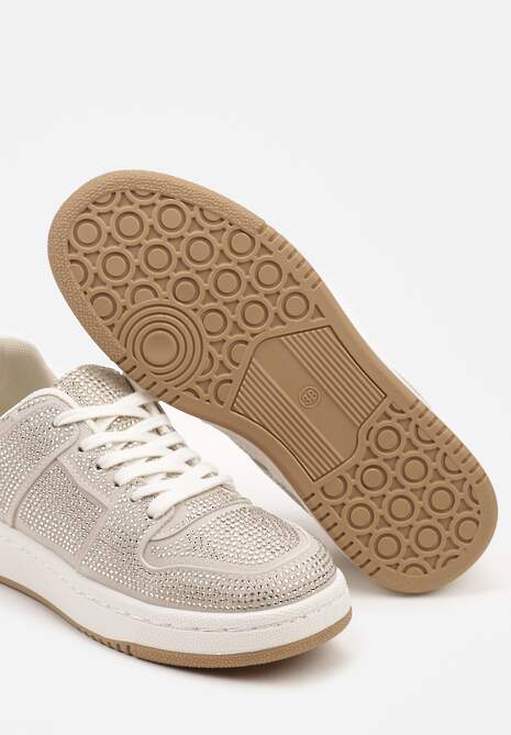 Beżowe Sneakersy na Płaskiej Podeszwie Wykończone Cyrkoniami Vlisina
