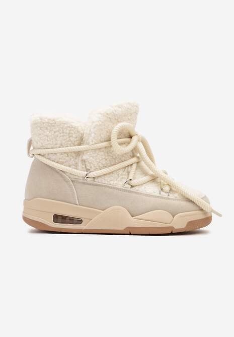 Beżowe Płaskie Śniegowce Ozdobione Futerkiem w Stylu Baranka i Sznurowaniem Alabera