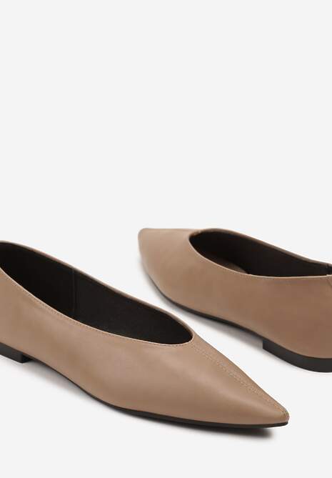 Ciemnobeżowe Balerinki Vices z Noskiem w Szpic i Skórzaną Wkładką Belviie