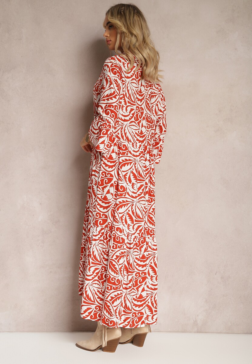Pomarańczowo-Biała Sukienka Maxi z Falbanką z Guzikami i Orientalnym Wzorem Polka