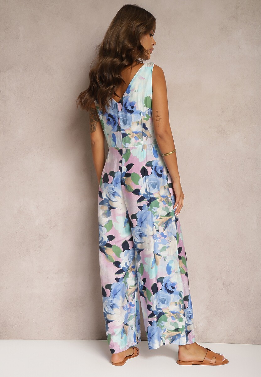 Niebieski Taliowany Kombinezon na Ramiączkach w Kwiatowy Wzór Ilvitela