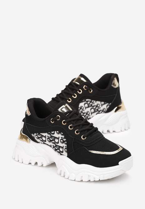 Czarne Sneakersy na Grubej Podeszwie z Metaliczną Wstawką Austyna