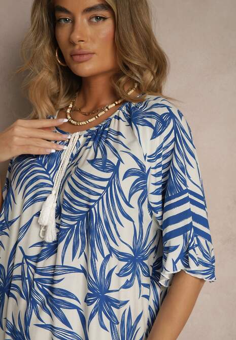 Niebieska Pudełkowa Sukienka Zdobiona Roślinnym Printem i Wiązaniem przy Dekolcie Miranissa