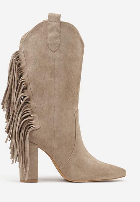 Ciemnobeżowe Botki Kowbojki na Słupku Ozdobione Frędzlami Reikka