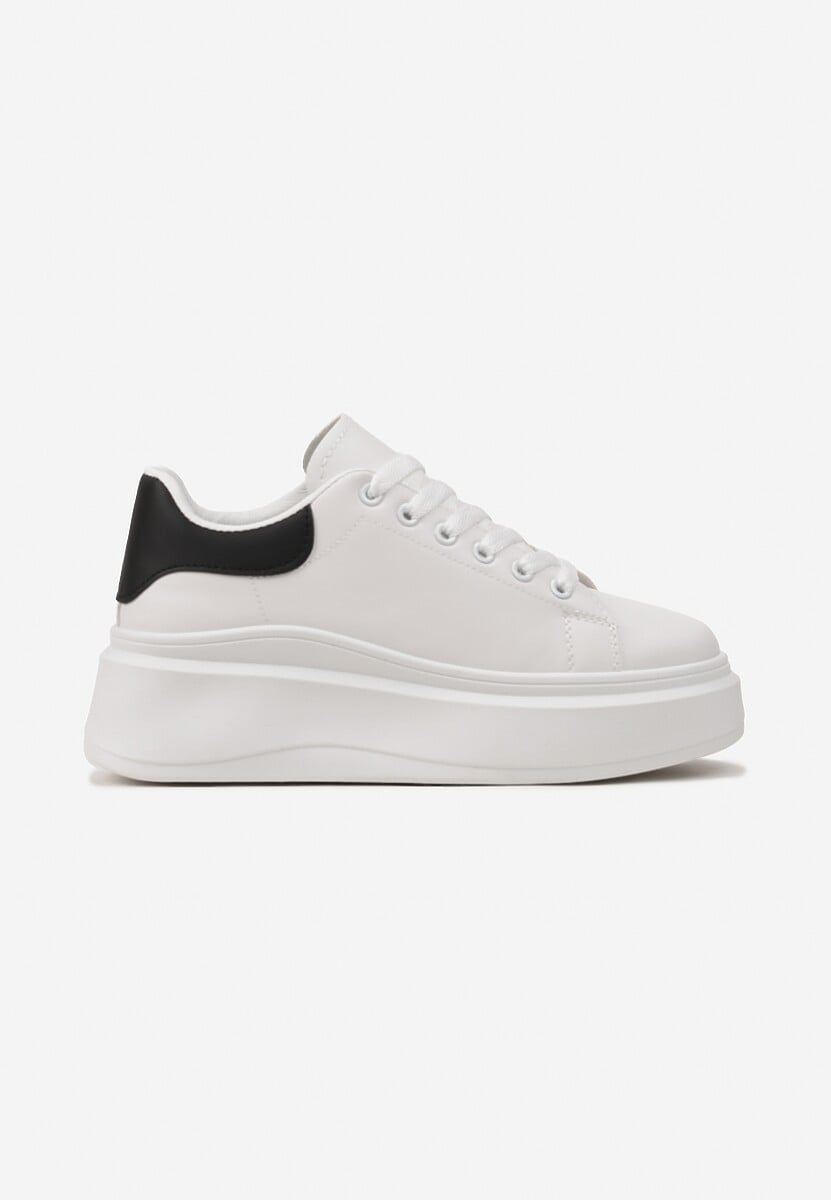 Biało-Czarne Sznurowane Sneakersy na Niskiej Platformie z Imitacji Skóry Ajanfa